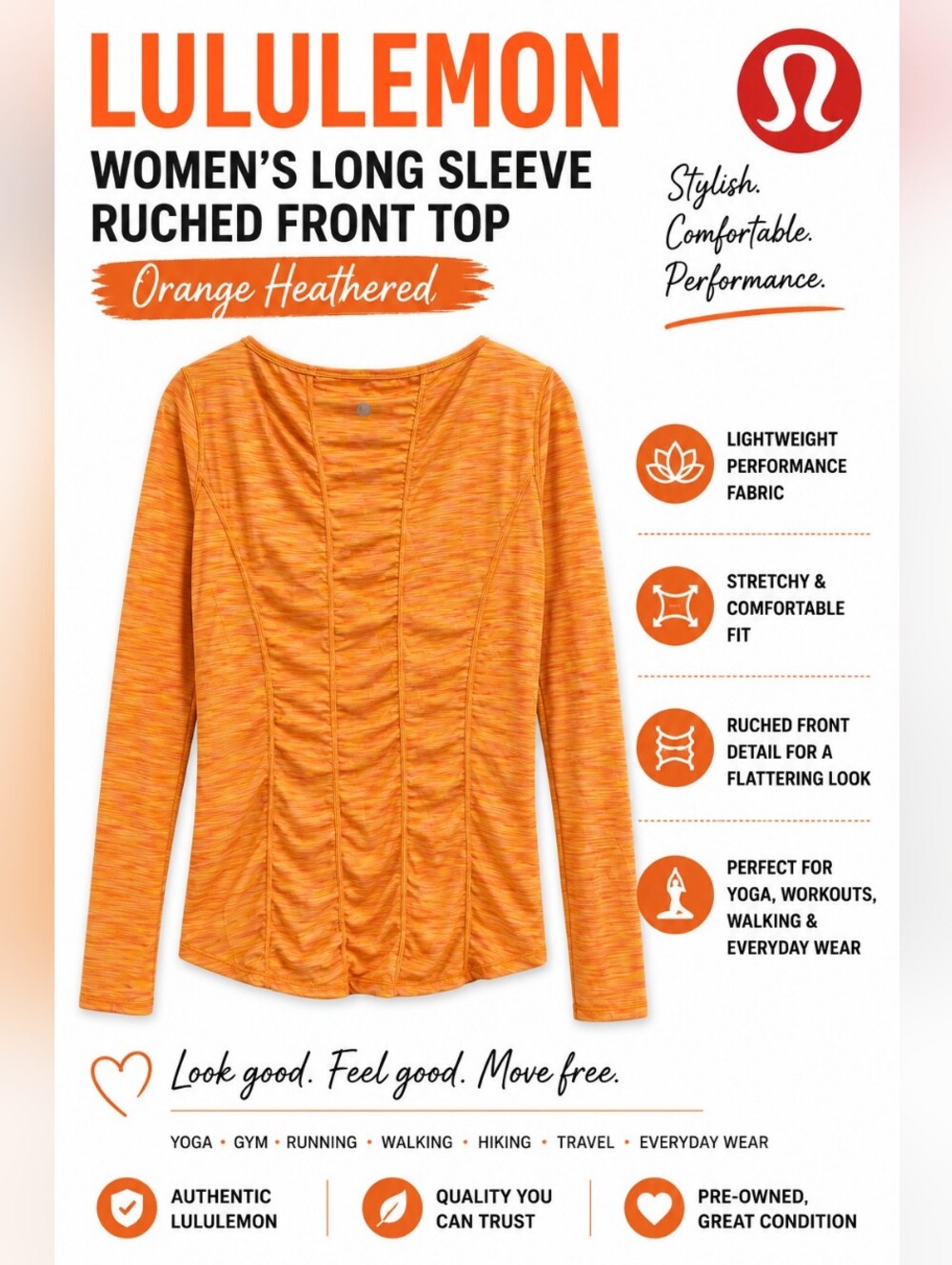 Lululemon Women’s Long Sleeve Ruched Front Athletic Top Orange Heathered Yoga